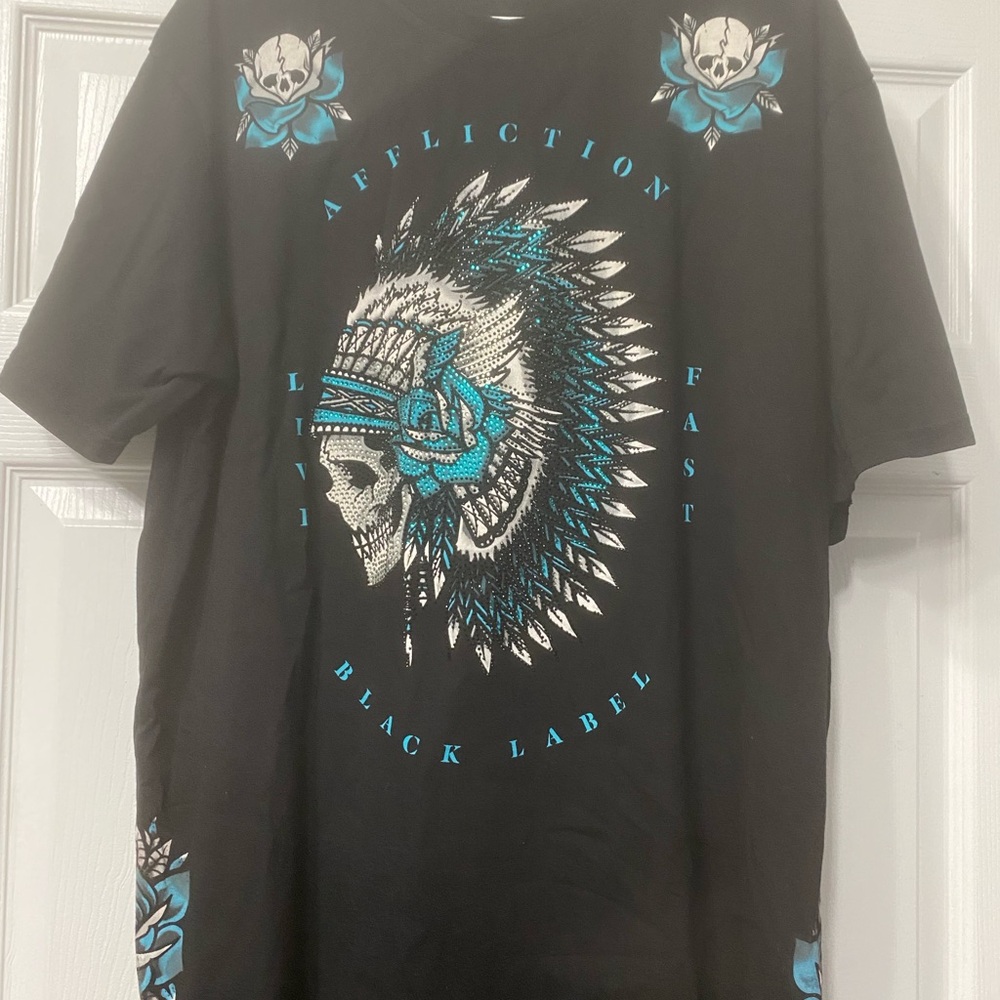 Affliction Black Tee with Blue Graphic Design